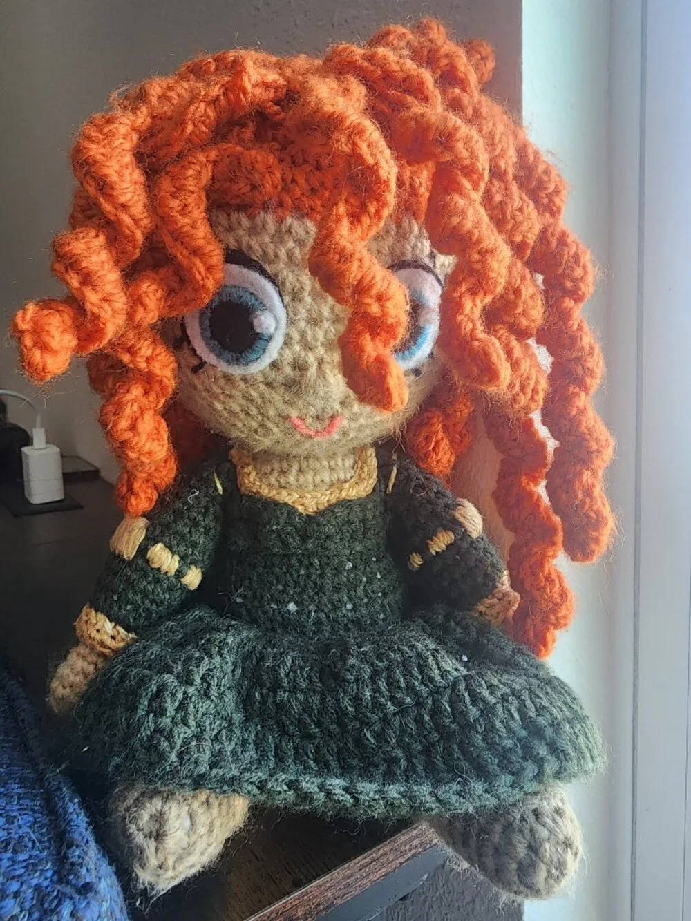 Handmade Crocheted Doll Merida with Red Hair, Green Dress and Accessories